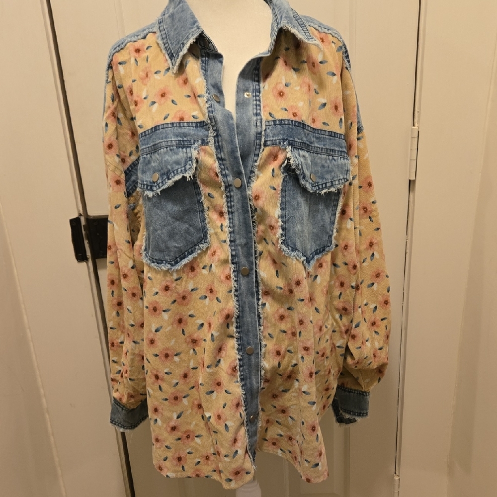 BiBi Blue Floral Denim Oversized Button Up Shirt Rustic Size L